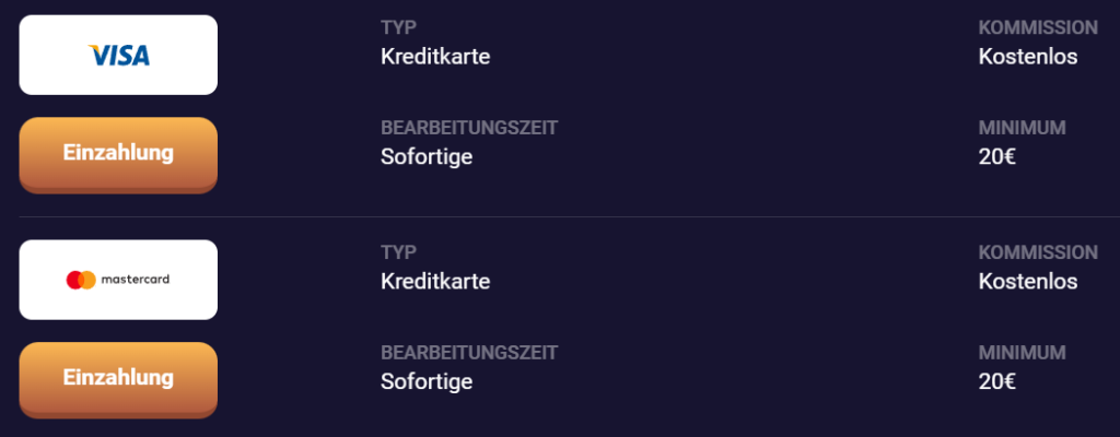 Kreditkarten-Zahlungen bei Casino Spirit